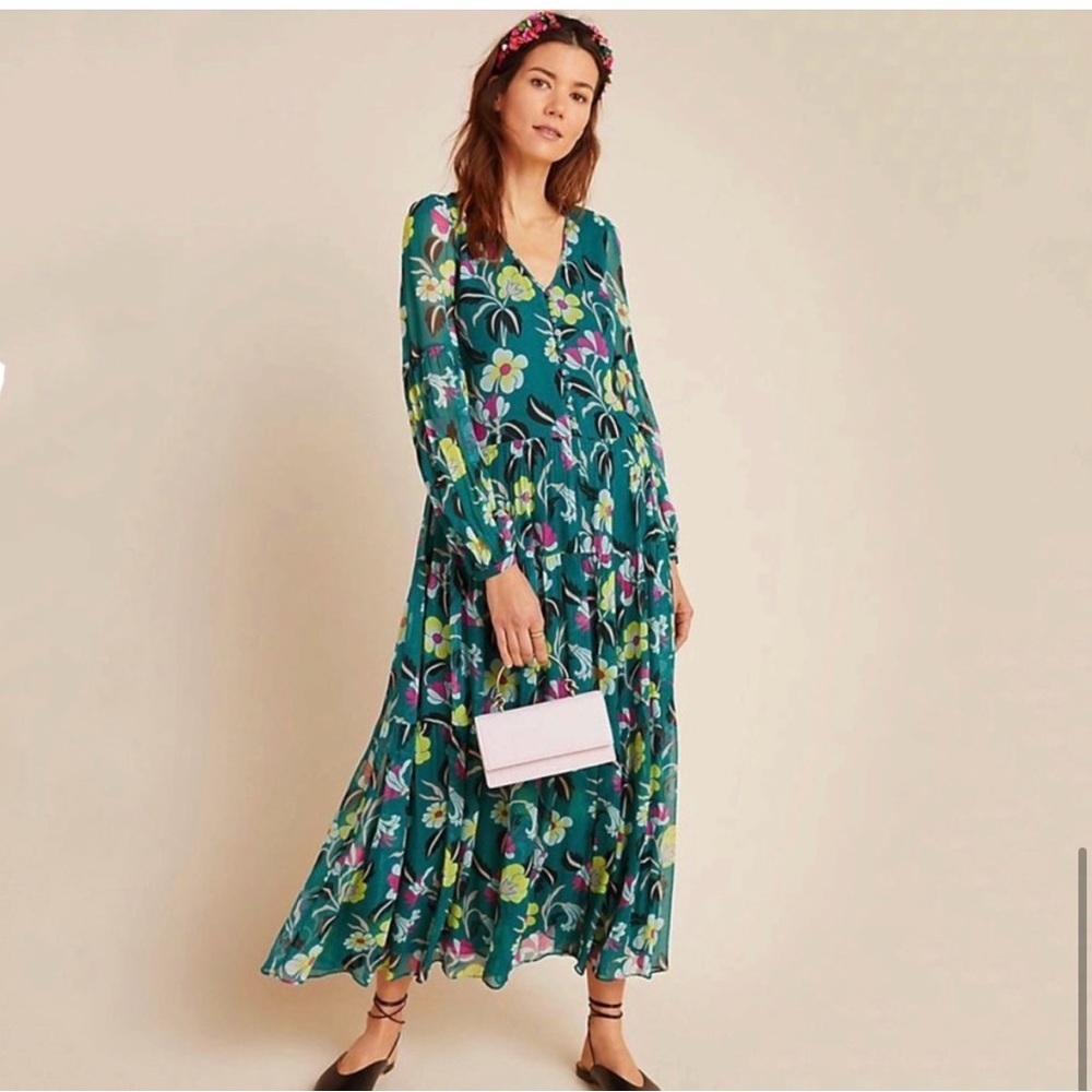 Anthropologie Green Floral Long Sleeve Dress